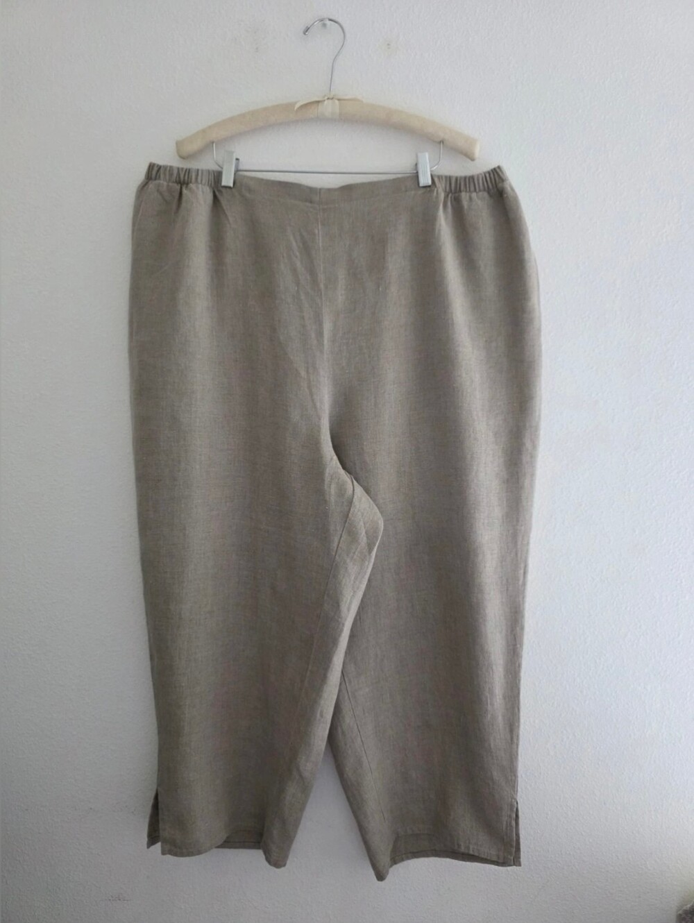 FLAX  Linen Pants Pull On Elastic Waist Side Pockets Crop Wide Leg  Tan Sz 26